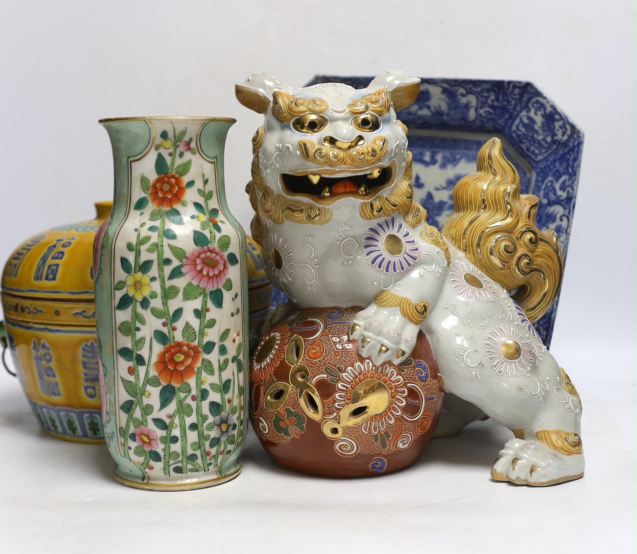 A collection of mostly Chinese ceramics, to include a vase, a lion dog, etc. blue and white dish 26cm square
